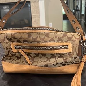 COACH #9363 Signature Canvas and tan leather handbag shoulder purse